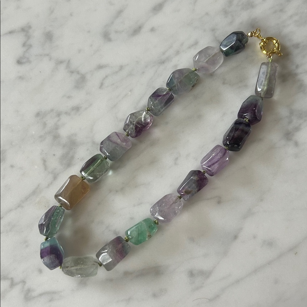 Chunky rainbow fluorite hand knotted gemstone bead necklace